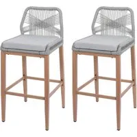 2er-Set Rope-Barhocker MCW-O21 - Barhocker mit elastischem Seilgeflecht und stabilem Metallgestell in Holz-Optik. Genießen Sie ultimativen Komfort und stilvolles Design – perfekt für Indoor und Outdoor!