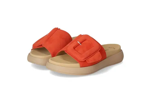 Gabor 63.751 Damenschuhe - Bequeme Pantoletten in Orange - Pantoletten aus hochwertigem Rauleder mit modischer Zierschnalle und praktischem Klettverschluss für individuellen Sitz. Ideal für stilbewusste Damen, die Komfort und Design suchen.