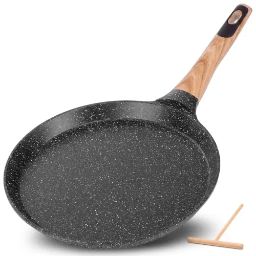 Nutrichef Crepe Pfanne 28 cm Induktion Antihaft Schwarz – Pfannkuchenpfanne Marmorbeschichtet Aluminium mit Holzspatel für Pancake CrepesPFOA Frei Leicht Reinigung, Alle Herdarten