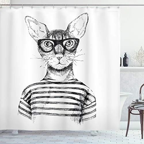 ABAKUHAUS Schwarz-Weiss Duschvorhang, Hipster New Age Katze, Stoffliches Gewebe Badezimmerdekorationsset mit Haken, 175 x 200 cm, Weiß Grau Schwarz