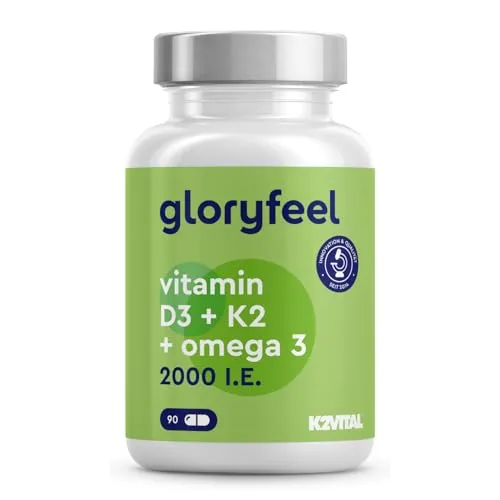 Vitamin D3 K2 Omega 3 - Premium: K2VITAL® von Kappa - 99,7+% All-Trans Vitamin K2 MK7 - Omega 3 aus 1000mg Fischöl (Triglycerid Form) + 2.000IE hochbioverfügbares D3 - Sorgfältig laborgeprüft