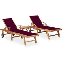 vidaXL Sonnenliegen 2 Stk. mit Tisch und Auflagen aus Massivholz Teak - Gartenliegen aus langlebigem Teakholz mit verstellbarer Rückenlehne und praktischem Beistelltisch für optimalen Komfort im Garten oder auf der Terrasse.