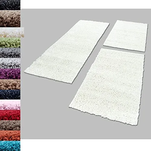 Carpettex Bettumrandung Schlafzimmer 3teilig Shaggy Teppich Hochflor Einfarbig Creme Bettset:2 mal 60x110 + 1 mal 80x150