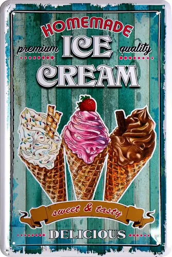 WOGEKA ART Metallbild Homemade Icecream - 20 x 30 cm Retro Blechschild, Blech1563, Metallschild Wanddeko Schild Wandbild Türschild Eis