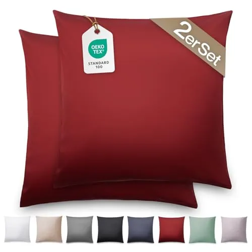Blumtal Mako Satin Kissenbezug 60x60 Baumwolle Rot - 2er Set Kissenbezüge aus 100% Baumwolle - edle Glanzoptik & Reißverschluss - Satin Kissenbezug für Kissen 60x60 Dekokissen & Sofakissen