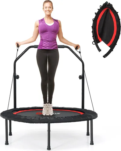 COSTWAY 101 cm Klapptrampolin mit höhenverstellbarem Haltegriff & 2 Widerstandsbändern