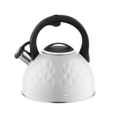 FLORINA Wasserkessel (2,5 l) I Edelstahl Teekessel DIAMANTE I Flötenkessel mit Silikongriff I Wasserkocher für Induktionsherd, Gasherd und Elektroherd I Farbe: Weiß