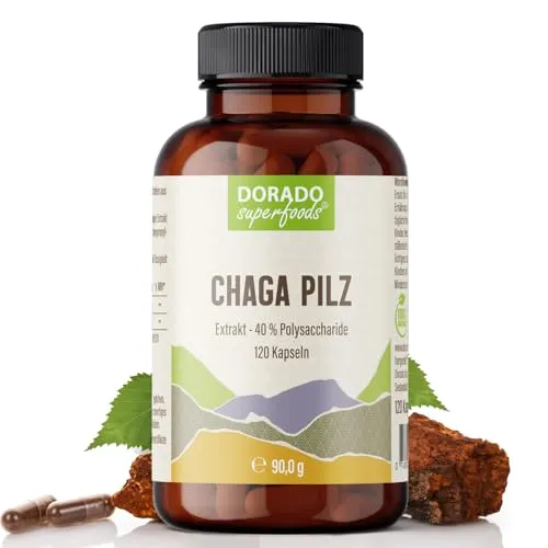 Chaga Pilz Kapseln – 650 mg Extrakt pro Kapsel (40:1, entspricht 26.000 mg Rohpilz) – 120 Stück (4-Monatsvorrat) – 40% Polysaccharide – hochkonzentriert | Dorado Superfoods®