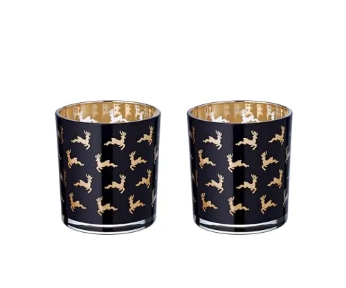 EDZARD 2er-Set Teelichtglas Luna (Höhe 8 cm), schwarz, Hirsch-Motiv