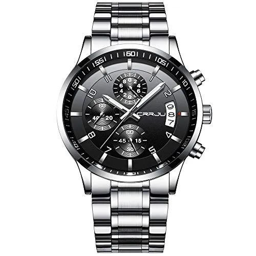 CRRJU Herren Uhr wasserdichte Chronographen Armbanduhr Männer Edelstahlarmband Business Analog Quarzuhr mit Kalender (Silber Schwarz)