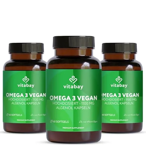 Vitabay Omega 3 Kapseln hochdosiert – 180 vegane Algenöl Kapseln - 2000 mg Algenöl pro Tagesverzehrmenge – mit DHA & EPA im 2:1 Verhältnis – laborgeprüft in Deutschland