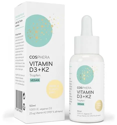 Cosphera Vitamin D3 + K2 50 ml - Veganes Nahrungsergänzungsmittel - Nahrungsergänzungsmittel mit 1.000 IE Vitamin D3 je Tropfen, unterstützt das Immunsystem und die Knochengesundheit, hergestellt in Deutschland.