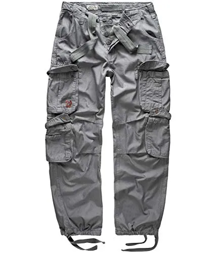 Surplus Raw Vintage Airborne Herren Cargo Hose, grau, XL - Wanderhose aus 100% Baumwolle mit viel Stauraum und bequemen Schnitt. Ideal für Outdoor-Fans, robuste Verarbeitung und weitenregulierbare Taillengurte für optimalen Tragekomfort.