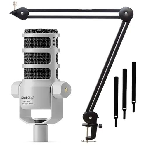 RØDE Podmic USB Mikrofon Set mit Gelenkarm Schwarz - Dynamisches Sprechermikrofon für Podcasts, Streaming und Gaming. Integrierte Effekte für optimierten Studio-Sound, inklusive USB-C Anschluss und Gelenkarm-Stativ für maximale Flexibilität.