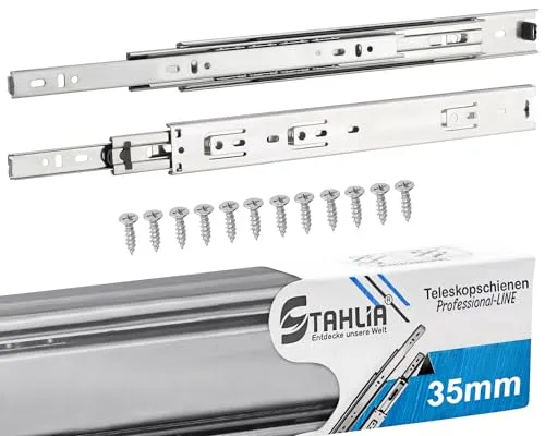 Stahlia (1 Paar) Schubladenschienen 35mm-Länge: 450mm VOLLAUSZUG Teleskopschublade | Schubladenauszug für Schubladen, Küchenschränke, Badezimmer Möbel