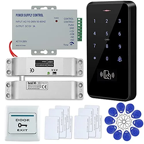 FTSTech IP68 Wasserdichtes RFID-Türzugangskontrollsystem Touchpanel Tastatur + Netzteil + elektrisches Schloss + Ausgangstaste + ID-Schlüsselanhänger Karten (Elektrisches Fallbolzen-Verriegelungsset)