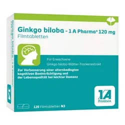 Ginkgo Biloba-1a Pharma 120 Mg Filmtabletten - Arzneimittel zur Verbesserung der geistigen Leistungsfähigkeit im Alter, fördert die Durchblutung des Gehirns und unterstützt bei leichter Demenz.