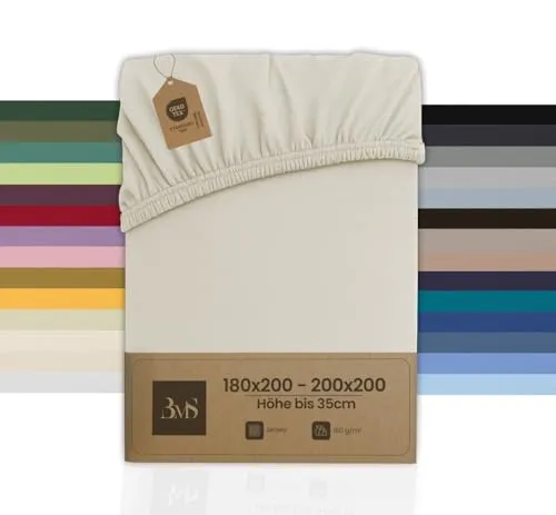 Spannbettlaken Jersey Spannlaken Spannbetttuch (180x200-200x200 cm, Matratzenhöhe bis 35cm, Natur) Gewicht: 180g/m², 90% Baumwolle 10% Elasthan