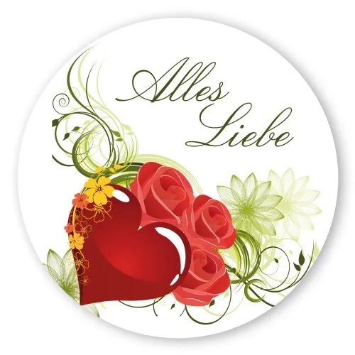 Geschenk-Aufkleber Alles Liebe mit Rosen, rund Aufkleber Alles Liebe mit Herz, rund Ø 30mm selbstklebende PE-Folie, 100 Stück auf Rolle