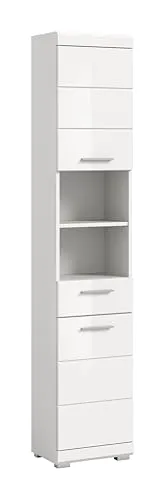 Eleganter Hochschrank 37 cm x 191 cm x 31 cm in Weiß Hochglanz - Bad-Hochschrank mit tiefgezogener Front, bietet modernen Stil und optimalen Stauraum für dein Badezimmer.