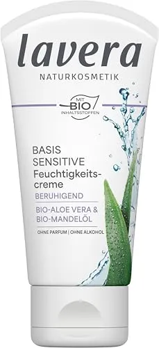 lavera basis sensitiv Beruhigende Feuchtigkeitscreme, Naturkosmetik, vegan, Bio Aloe Vera & Bio Mandelöl, feuchtigkeitsspendend, Tagespflege, parfümfrei, PETA zertifiziert, 1 x 50 ml