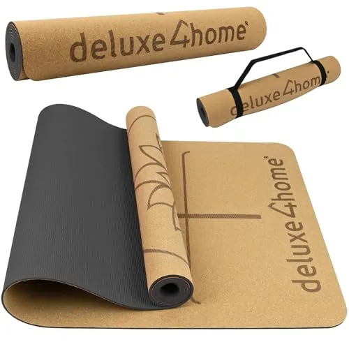 deluxe4home® Yogamatte Kork - Rutschfeste Fitnessmatte mit Ausrichtungslinien - Sportmatte aus umweltfreundlichem Kork und TPE, rutschfest und ideal für Yoga & Pilates. Perfekte Größe für alle Posen und mit praktischen Ausrichtungslinien für optimale Positionierung.