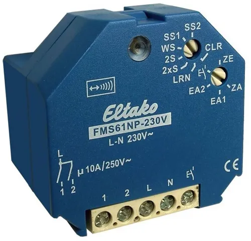 Eltako FMS61NP-230V Funkaktor - Multifunktions-Stromstoßschalter für Smart Home, 2x Schließer, bidirektionaler Funk, extrem geringer Stand-by-Verlust von nur 0,8 Watt, ideal für effiziente Haussteuerung.