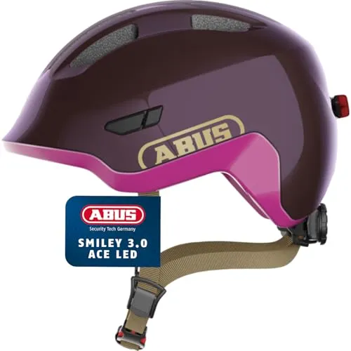 ABUS Kinderhelm Smiley 3.0 ACE LED - Violett Glänzend, Größe S - Fahrradhelm für Kinder mit sicherem In-Mold Verfahren, höhenverstellbarem System für Zopfträger*innen und integriertem LED-Rücklicht für optimale Sichtbarkeit im Straßenverkehr.