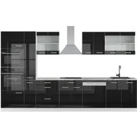Vicco Küchenzeile R-Line Schwarz Hochglanz/Weiß, 350cm - Individuell gestaltbare Komplettlösung - Küchenzeilen mit flexibler Modulkombination, höhenverstellbaren Füßen und eleganter Arbeitsplatte in Marmor-Optik für eine stilvolle Küche.