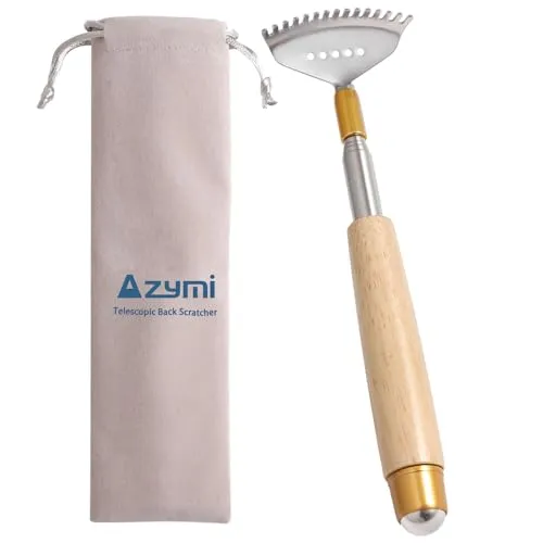 Azymi Rückenkratzer Ausziehbar mit Massageroller-Hochwertige Teleskopstange Edelstahl mit Holzgriff bis 61CM, zum Kratzen am Kopf, Rücken und Ganzkörper