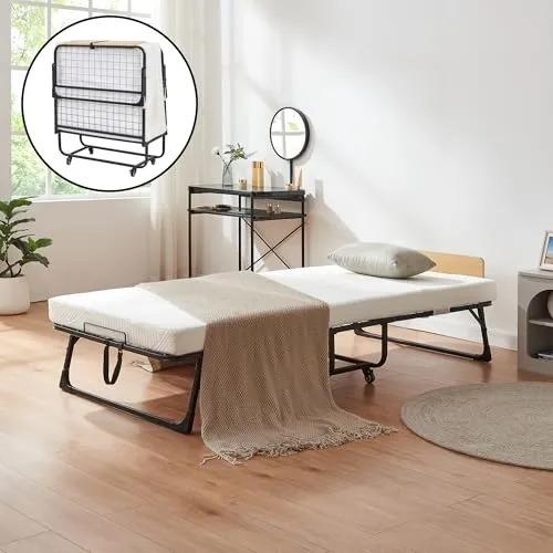 [en.casa] Klappbett 90x200 cm Erwachsene Lustendi mit Matratze - Platzsparendes Klappbett für Erwachsene, ideal für kleine Räume oder Gäste. Mit komfortabler 7-Zonen-Kaltschaum-Matratze und flexiblen Rollen für einfaches Verschieben.