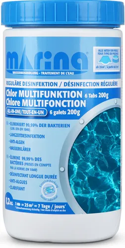 Marina Chlor Multitabs 200g - Multifunktionale Pool Tabletten für kristallklares Wasser - Sonstiges Poolzubehör - Langzeit-Chlortabletten für Pools ab 25m³, die 99,99% der Bakterien eliminieren und Algenwachstum verhindern. Einfach in den Skimmer geben und weniger Zeit mit Poolwartung verbringen.