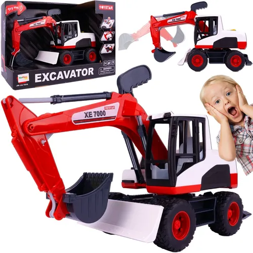 Malplay Baubagger bewegliche Teile Sound Licht rot Baufahrzeug Radlader Geschenk