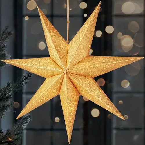 BRUBAKER 60 cm Weihnachtsstern für Innen - LED Adventsstern Hängend - Leuchtstern zum Aufhängen für Fensterdeko und Weihnachtsdeko - 3D Papierstern Deko Weihnachten - Gold