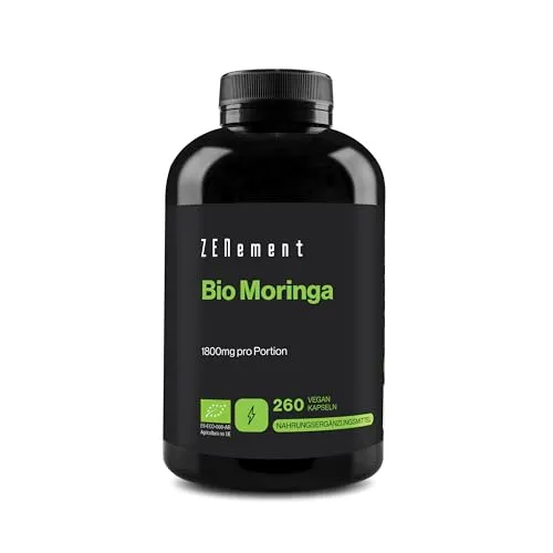 Produktbild Bio-Moringa 1800 mg pro Portion – Bio-Superfood mit Vitaminen, Mineralstoffen und Antioxidantien – Hohe Konzentration und Reinheit – 260 Vegane Kapseln – 3 Monate Vorrat – Zenement