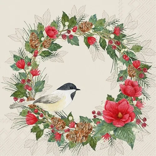 Servietten Christmas Joy cream Vogel Tiere Kranz Amaryllis Natur Deko 33x33cm 20