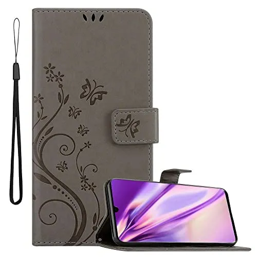 Cadorabo Hülle kompatibel mit Huawei P30 PRO Blumen Design aus Premium Kunst Leder Flip Klappbare Stoßfeste Magnetische [Standfunktion] [Kartenfächern] Cover Hülle für Huawei P30 PRO Tasche in Grau