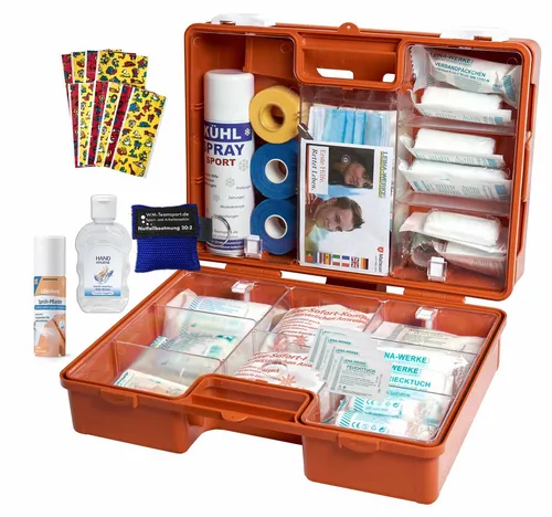 WM-Teamsport Erste-Hilfe-Koffer PRO S2 - Komplett ausgestatteter Sportsanitätskoffer in leuchtendem Orange, inklusive Hygiene-Gel und Sprühpflaster – ideal für den professionellen Einsatz im Sport.