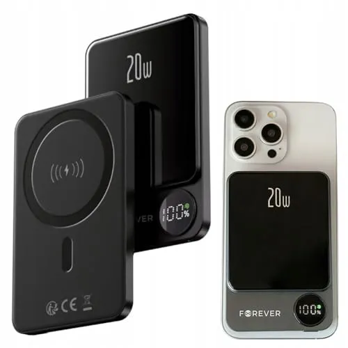 Forever Magnetische Powerbank 5000mAh 20W Schwarz - Powerbanks – Kompakte und leistungsstarke Magnetische Powerbank mit 20W Schnellladefunktion, ideal für iPhone 12 und neuere Modelle, kabelloses Laden bis zu 15W und gleichzeitiges Laden von zwei Geräten.
