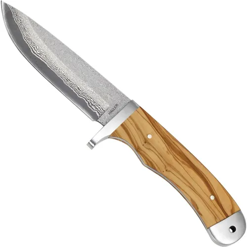 Haller Universalmesser Damast Outdoormesser mit Olivenholzgriff - Taschenmesser mit 71-lagiger Damaststahlklinge und elegantem Olivenholzgriff. Inklusive schwarzer Lederscheide für sicheren Transport – ideal für Outdoor-Abenteuer.