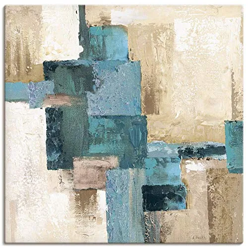 ARTLAND Wanddeko Leinwand Bilder Wandbild 100x100 cm Quadratisch Gemälde Modern Abstrakte Kunst Türkis S7HX