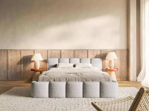 Selsey Polsterbett Cloudy Low, Hellgrau, 140x200 cm - Betten - Elegantes, niedriges Kopfteil und wasserabweisender Chenille-Stoff für maximalen Komfort und stilvolles Design in Ihrem Schlafzimmer.