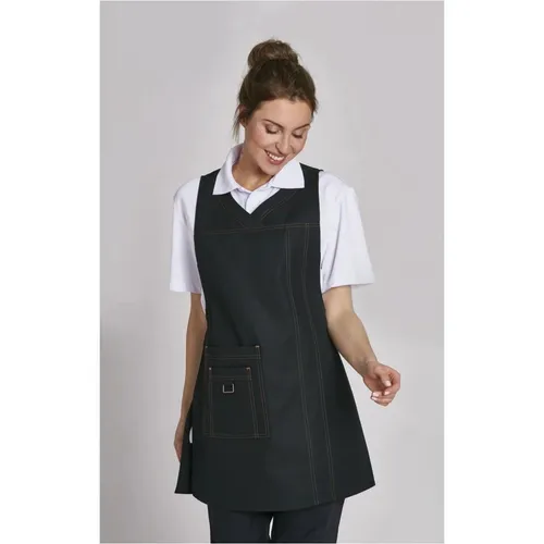 Leiber Überwurfschürze mit Kontrastnähten 08/1350 (48-56, Schwarz) - Medizinische Berufsbekleidung, elegante und funktionale Überwurfschürze mit V-Ausschnitt, waschbar bis 60 °C und praktischer Tasche für mehr Komfort im Arbeitsalltag.