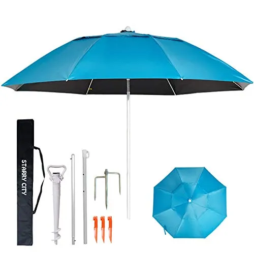 STARRY CITY Strandschirme,großer Sonnenschutz, tragbar, winddicht, 3 Glieder, Design mit Sandanker, für Garten, Strand, Outdoor (Blau)