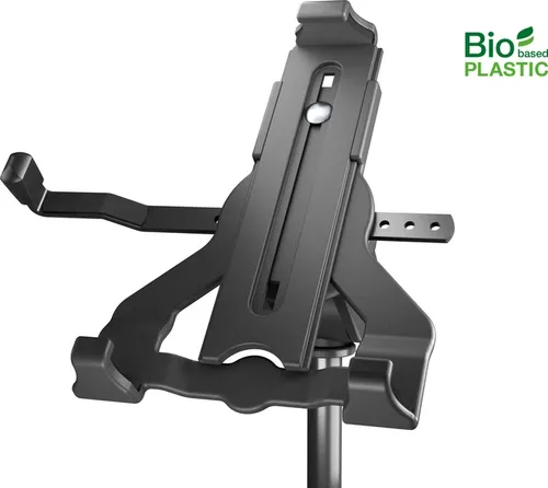 K&M 19744 Tablet-PC-Stativhalter Schwarz - Ständer für Tablets, 360° drehbar und ideal für Geräte mit Schutzhülle bis 2 cm Dicke, aus biobasiertem Kunststoff für nachhaltigen Einsatz.