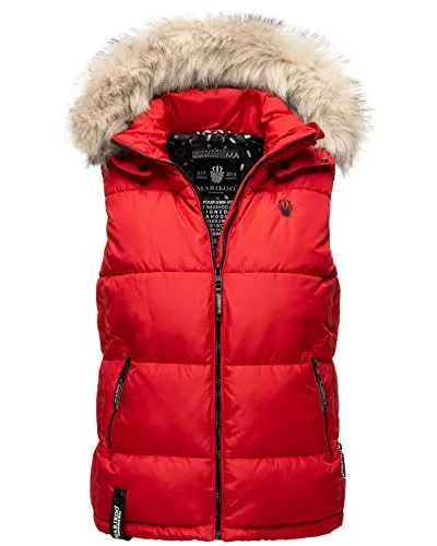 MARIKOO Damen Winter Weste mit Kapuze und Fellkragen B896 - Funktionsjacken mit weichem Obermaterial im trendigen Steppdesign, großen Fellkragen und praktischen Taschen für perfekten Komfort im Winter.