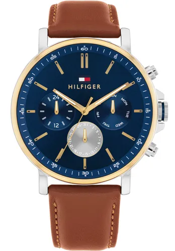 Tommy Hilfiger Multi Zifferblatt Quarz Uhr für Herren - Armbanduhren für Herren mit multifunktionalem Werk, eleganter blauer Zifferblatt und braunem Lederarmband – ideal für jeden Anlass und 5 ATM wasserdicht.