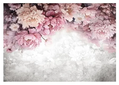 WallArena - Vlies Fototapete Blumen Pfingstrosen Rosen Beton 104x70 cm - Fototapeten - Tapeten - für Wohnzimmer Schlafzimmer - Vliestapete Wandtapete Tapete 3D Effekt- inkl. Kleister
