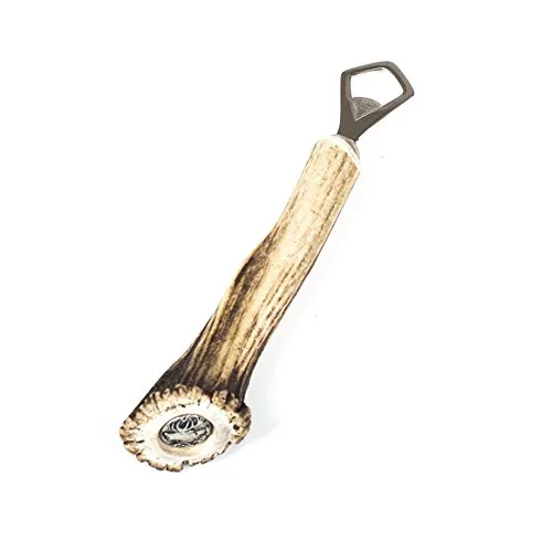 Almbock Flaschenöffner Hirschemblem - handgefertigter Bieröffner, für bayrische Volksfeste, Hirschhorn-Griff mit versilberter Münze mit Hirsch-Motiv
