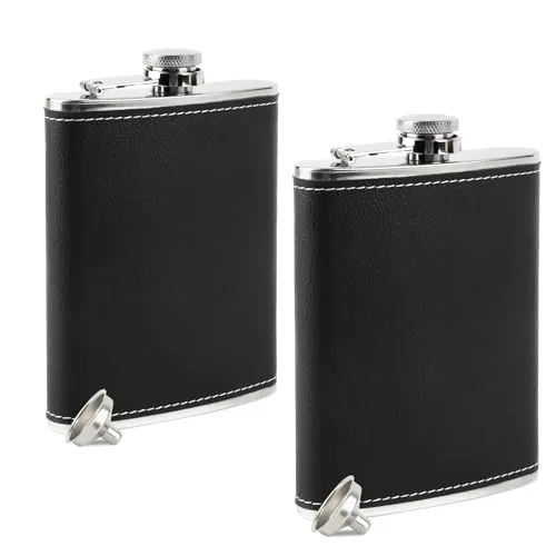 Edelstahl Flachmann und 2 Trichter, 8oz/227ml Fassungsvermögen Flask, RISVOWO Flachmann Leder Geeignet Zum Tragen von Alkohol, Flachmann Klein Set für Stilvolles Trinken Unterwegs 2
